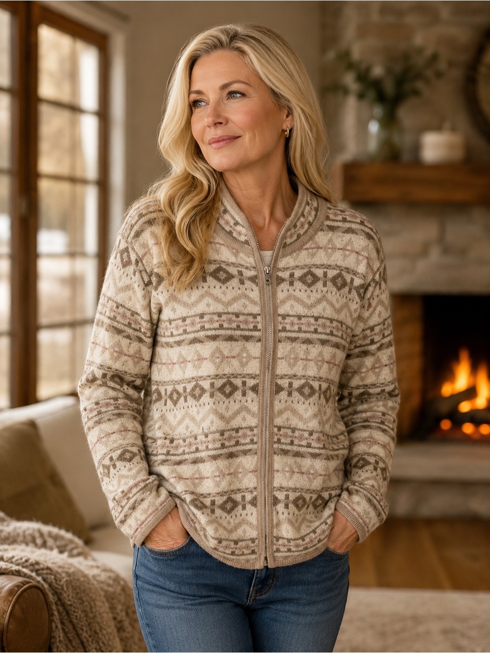 Talbots Boiled Wool Zipper Front Nordic Fair Isle Cream Cardigan Sz. XL